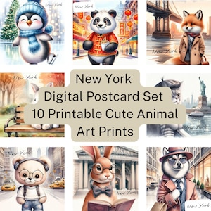 Cartes postales de New York – Lot de 10 cartes numériques | Illustrations d'animaux mignons de New York | Téléchargement instantané | Cartes de vœux imprimables | JPEG et PDF