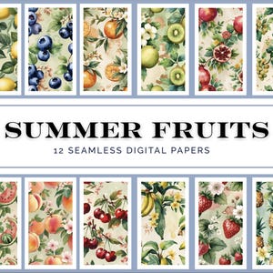 Papier Numérique Fruits Kawaii Été – 12 Motifs Seamless Pastel Beachy Planner | Citron, Myrtille, Orange, Kiwi, Grenade, Pêche, Ananas