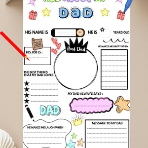 Afdrukbare activiteitenpagina voor Vaderdag | Alles over mijn vader | Cadeau van kinderen | Zelfgemaakte Vaderdagkaart | Leuke vragenlijst voor vaders voor kinderen - 2 AFBEELDINGEN