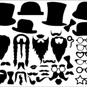 May include: A set of black and white printable photo booth props, including hats, glasses, mustaches, and bow ties. These props are perfect for adding a fun and festive touch to any party or event.