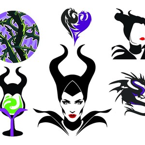 May include: A collection of stylized illustrations featuring a villainous theme. The images include a silhouette of a woman with horns, a dragon, a heart, and a thorny branch design. The color palette is primarily black, purple, and green.