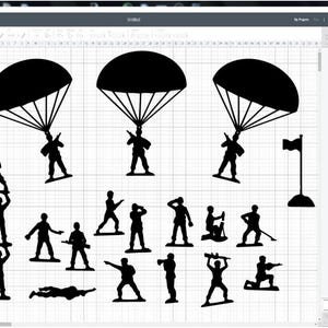 May include: Silhouettes of toy soldiers in various poses, including a soldier parachuting from a parachute. Some soldiers are stacked on top of each other, while others are standing or lying down. There is also a flagpole with a flag.