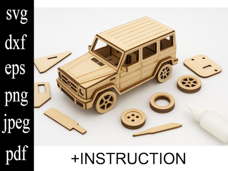 Detailed wooden SUV car model laser cut from plywood with assembly parts and instruction support for DIY laser cutting projects.