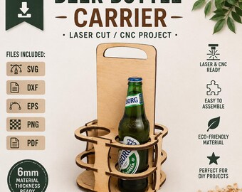Beer Bottle Carrier Laser Cut File, Wooden Bottle Holder Vector, CNC Plywood Project, 6mm Beer Caddy Digital Download