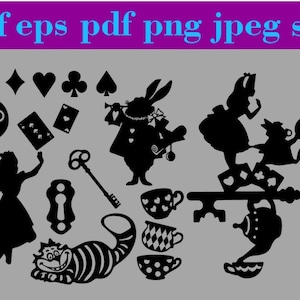Svg d'Alice aux merveilles, Alice et chat, clipart Alice, Alice Svg, pays des merveilles SVG pour Cricut, Silhouette de chat, téléchargement immédiat, SVG pour Cricut