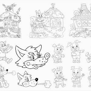 Three Little Pigs SVG, Little Pigs SET SVG, Fairy Tale, Coloring Page, Three Pigs Digital Stamps, Svg for cricut