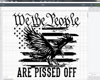 May include: Black and white graphic design featuring a bald eagle with flames on its wings, a distressed American flag, and the text "We the People are Pissed Off".