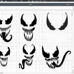 May include: A digital design featuring six black Venom-inspired face graphics. Each design showcases sharp teeth, menacing eyes, and a long, curling tongue, perfect for crafting projects. The designs are set against a white grid background.