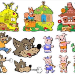 Three Little Pigs SVG Clip Art, Little Pigs SET SVG, Fairy Tale, Coloring Page, Three Pigs Digital Stamps, Svg for cricut