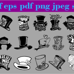 May include: A set of 14 black and white illustrations of Mad Hatter hats. The hats feature various designs, including the words "Mad Hatter", "We're All Mad Here", and "Cudo's Mad Hatter Hat Tournament".
