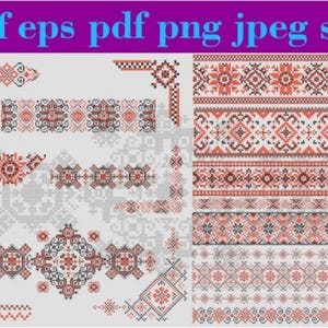 Puede incluir: Un conjunto de 25 diseños de bordado digital que presentan patrones tradicionales ucranianos en rojo, negro y blanco. Los diseños incluyen bordes, esquinas y motivos individuales.