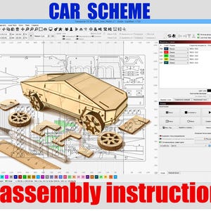Puede incluir: Un kit de modelo de coche de madera con el texto "CAR SCHEME" y "+assembly instructions". El kit incluye una carrocería, ruedas y otras piezas, junto con una regla y un cúter. El diseño se muestra en una pantalla de ordenador.