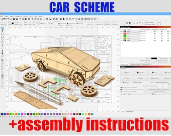 Könnte beinhalten: Ein Holz-Automodellbausatz mit dem Text "CAR SCHEME" und "+assembly instructions". Das Set enthält eine Karosserie, Räder und andere Teile sowie ein Lineal und ein Bastelmesser. Das Design wird auf einem Computerbildschirm angezeigt.