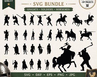 May include: Black silhouette SVG bundle of medieval warriors, including knights, soldiers, and horsemen. The image features various poses and actions, perfect for CNC laser cut and DIY projects. The text includes "Medieval Warriors SVG Bundle" and file type options.
