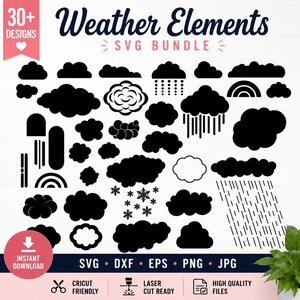 Könnte beinhalten: Eine Sammlung schwarzer Wetterelement-Designs, darunter Wolken, Regen, Schneeflocken und Regenbogen. Der Text "Weather Elements SVG Bundle" wird oben angezeigt. Das Bild enthält auch den Text "30+ Designs", "Instant Download" und Dateitypoptionen.