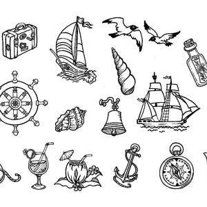 Könnte beinhalten: Schwarz-Weiß-Illustrationen zum Thema Nautik. Enthält ein Segelboot, einen Leuchtturm, einen Kompass, einen Anker, ein Steuerrad, eine Rettungsboje und andere maritime Elemente. Perfekt für Bastel- oder Designprojekte.