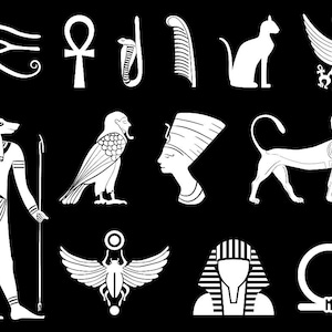 May include: A collection of white Egyptian symbols and figures on a black background. The image includes the Eye of Horus, an Ankh, a cobra, a comb, a cat, a falcon, Anubis, a scarab beetle, a sphinx, Nefertiti, and a pharaoh's head.