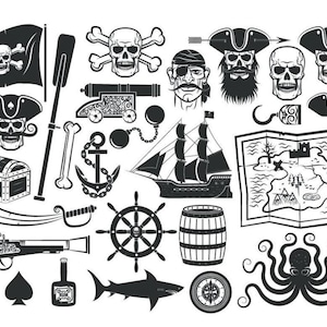 May include: Black and white pirate-themed illustrations. Includes a skull and crossbones flag, skull with a pirate hat, treasure chest, ship, map, anchor, cannon, and other pirate-related icons. Perfect for crafting or design projects.