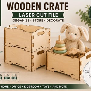 May include: A digital download laser cut file for a wooden crate with 4mm plywood thickness. The crate features rectangular cutouts for handles and interlocking joints. Dimensions shown are 18 cm by 25.4 cm by 34.6 cm, or 7.08 in by 10 in by 13 in.