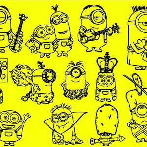 May include: Black and white line art of various Minion characters on a yellow background. The Minions are depicted in different costumes and poses, some holding musical instruments, weapons, or signs. One sign reads "Peace".