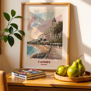 Póster de viaje de Cannes, Francia, impresión en acuarela pastel, arte mural costero, descarga digital instantánea, decoración del hogar, regalo de oficina, playa de la Riviera Francesa