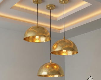 Lámpara colgante martillada, lámpara colgante de cúpula de latón, lámpara de cúpula de latón, iluminación para isla de cocina, lámpara de techo de latón macizo, iluminación de estilo rústico