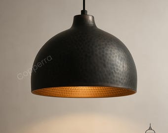 Black Hammered Dome Pendant Light: Brass Industrial Farmhouse Fixture