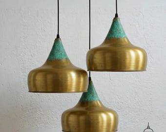 Lámpara colgante de latón con forma de cúpula, pátina verdosa, lámpara de estilo industrial rústico, luminaria de techo de latón, iluminación de cocina única, lámpara colgante