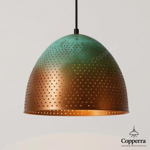 Handmade Oxidized Copper Pendant Light: Perforated Green Patina Dome Lamp