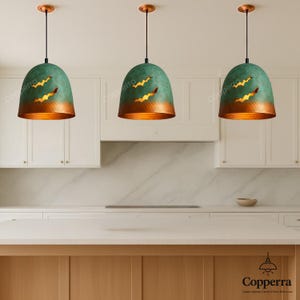 Set of 3 Copper Island Lights: Oxidized Dome Pendant with Green Patina