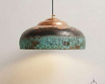 Handmade Hammered Copper Dome Pendant Light, Patina Rustic Industrial Lamp, Kitchen Island Fixture