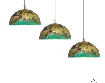 Set of 3 Oxidized Copper Dome Pendant Lights: Green Patina Hanging Lighting