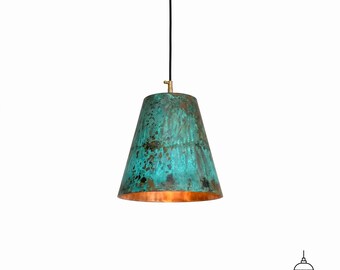 Verdigris koperen kegel hanglamp, handgemaakte geoxideerde hanglamp, rustiek patina plafondlamp