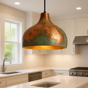 Oxidized Copper Dome Farmhouse Light, Handcrafted  Pendant Lighting, Green Patina Dome Light, Rustic Industrial Ceiling Fixture.