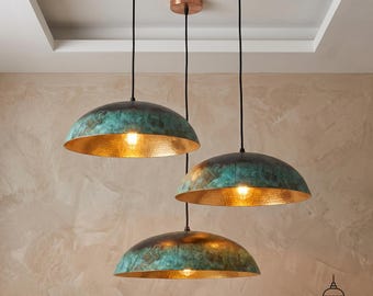 Geoxideerde messing koepelhanglamp, gepatineerde groene handgemaakte industriële vintage hanglamp, keukeneilandlamp, gepatineerde koepelplafondlamp.