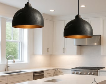 Black Hammered Dome Pendant Light Set: Brass Industrial Farmhouse Lighting