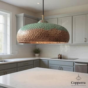 Handmade Hammered Copper Pendant Light, Oxidized Green Patina Dome Lamp, Farmhouse Ceiling Fixture, Copper Ceiling Light Fixture.