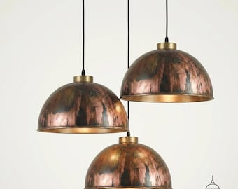 Verouderde koperen koepelhanglamp, rustieke handgemaakte keukeneilandverlichting, vintage gepatineerde plafondlamp