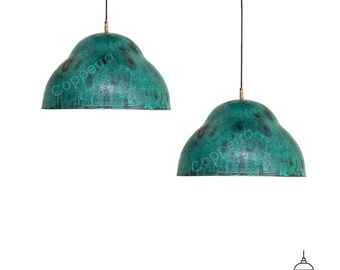 Oxidized Copper Dome Pendant Light Set: Green Patina Ceiling Lighting