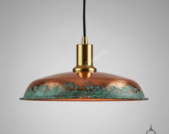 Oxidized Copper Dome Pendant Light: Green Patina Farmhouse Ceiling Fixture
