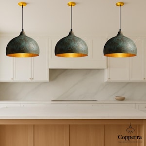 Set of 3 Oxidized Brass Dome Pendant Lighting, Handcrafted Green Patina Brass Dome Pendant Light, Rustic Industrial Ceiling Fixture Light