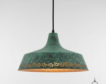 Oxidized Copper Dome Pendant Light: Green Patina Farmhouse Lighting