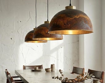 Aged Copper Dome Pendant Light, Rustic Handmade Kitchen Island Lighting, Vintage Patina Ceiling Lamp