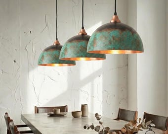 Geoxideerde koperen koepelhangerverlichting, patina rustiek plafondarmatuur, boerderij keukeneilandverlichting, handgehamerde industriële hanglamp.