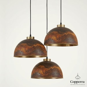 Kupolformad taklampa i mässing, rustik handgjord köksö, taklampa i vintage-patina bild 2