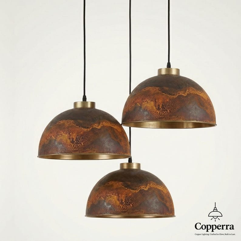 Kupolformad taklampa i mässing, rustik handgjord köksö, taklampa i vintage-patina bild 2
