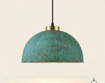 Groene patina koepelhanglamp, koperen hanglamp, geoxideerde koperen verlichting, Marokkaanse hanglamp