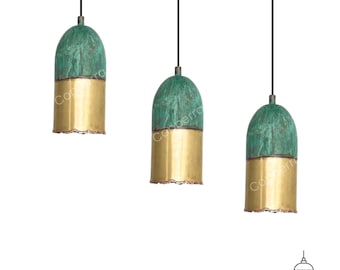 Juego de 3 lámparas colgantes de latón con pátina verde: Iluminación de isla de cocina