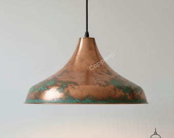Handmade Verdigris Copper Bell Pendant Light: Rustic Farmhouse Fixture