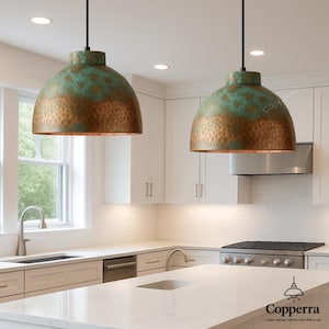 Set of 2 Oxidized Copper Dome Pendant Light, Patina Rustic Ceiling Fixture, Farmhouse Kitchen Island Light, Hammered Industrial Pendant Lamp